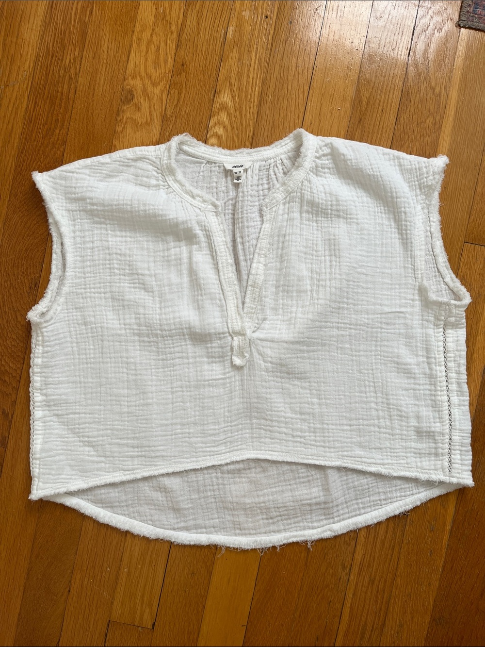 Aerie XS Pool to Party 100% Cotton Gauze Textured White Crop Top Oversized Shirt - Picture 9 of 12